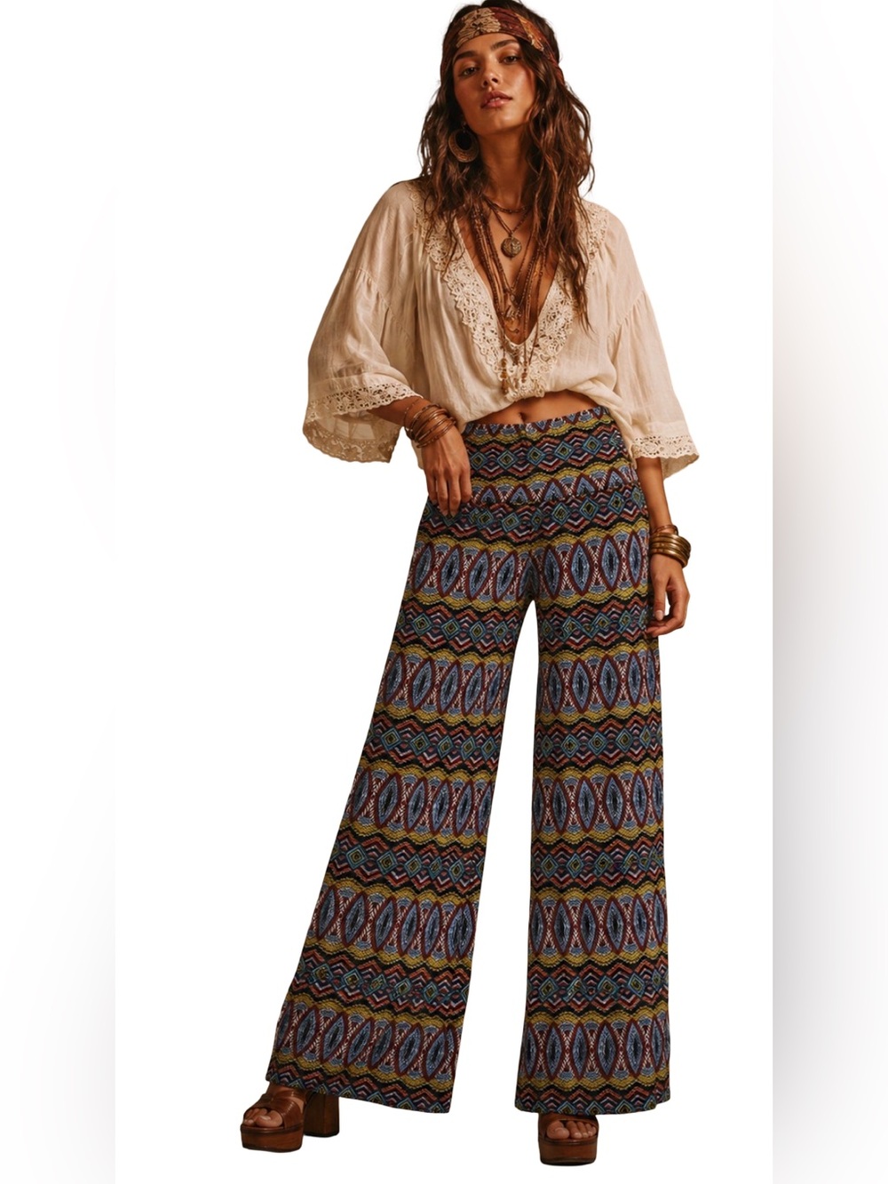 Wide Leg Printed Palazzo Tribal 70’s Retro Wide Leg Fold Over Pants